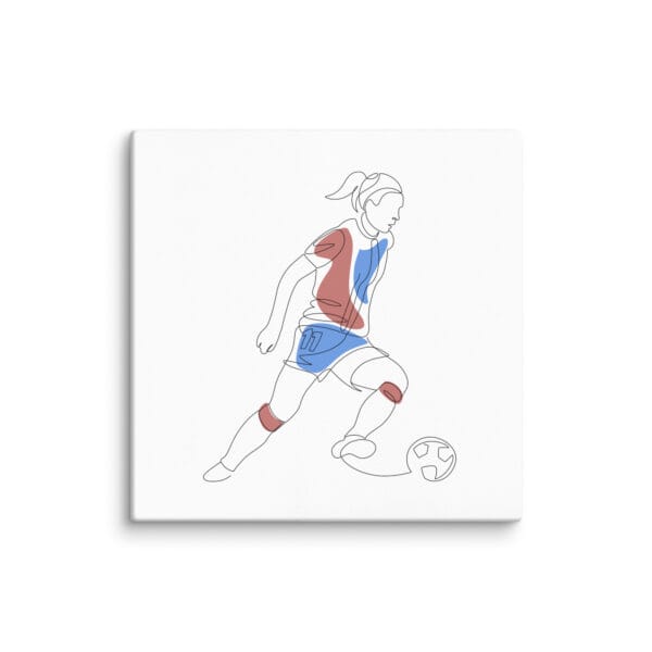 white 20 by 20 inches canvas with line drawing of Alexia Putellas dribbling with splashes of Barcelona colours