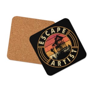 Funny golf coaster with text 'escape artist' going around an image of a golfer sneaking out of the house to play golf