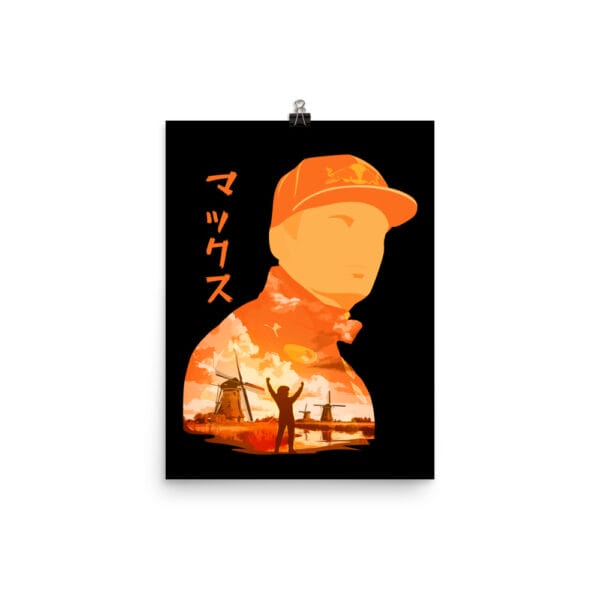 enhanced matte max verstappen poster, black background, 12 by 16 inches, with vibrant anime style graphic