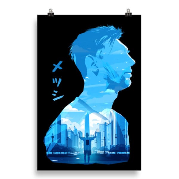 Lionel Messi anime poster 20 by 30 inches on enhanced matte paper, Messi portrait filled with Buenos Aires and Messi celebrating