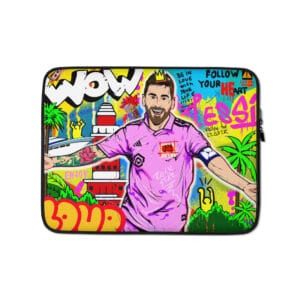 Lionel Messi laptop sleeve 13 inches, with Messi celebrating with vibrant Miami scene behind