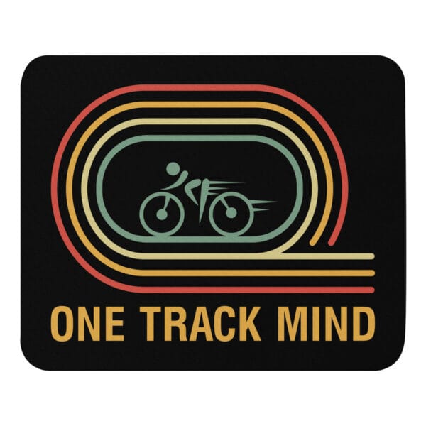 Cycling mouse pad in black, with yellow text 'One Track Mind' underneath cyclist in middle of track