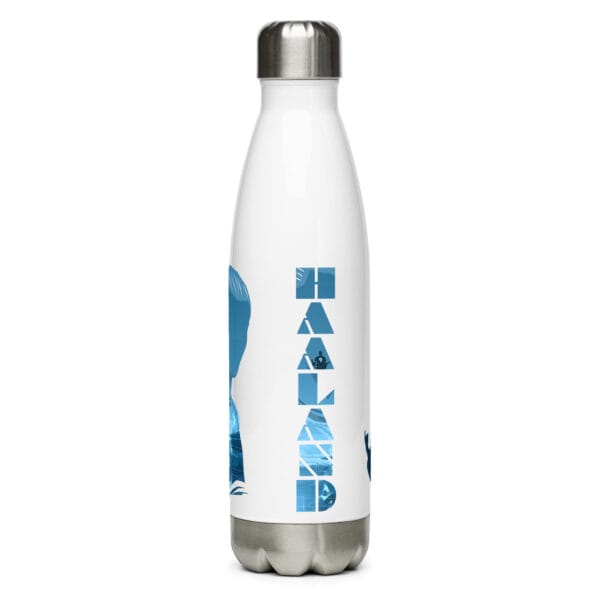 Erling Haaland water bottle, white 17 ounce stainless steel, two vibrant graphics of Haaland and text 'Haaland'