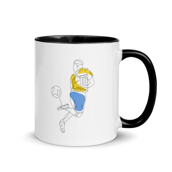 white 11 ounce ceramic mug with line drawing of Neymar rainbow flick in Brazil colours, black handle and colour inside