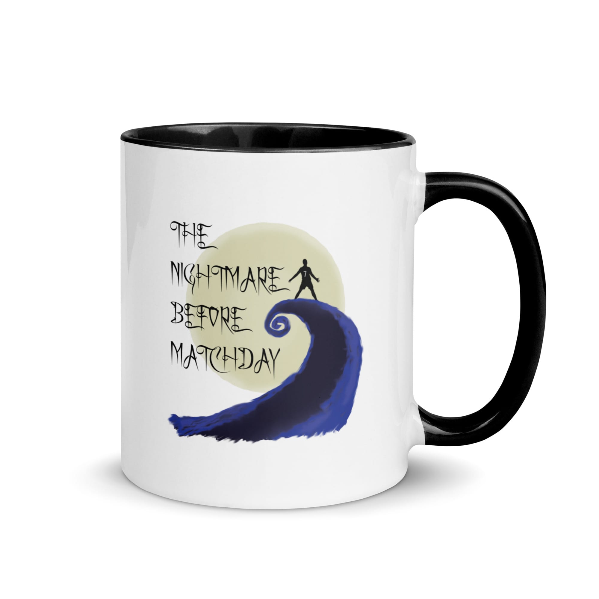 white 11 ounce ceramic mug, black handle/inside, black text 'The Nightmare before Matchday' and Ronaldo siu silhouette