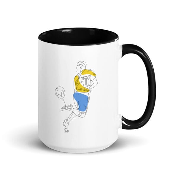 white 15 ounce ceramic mug with line drawing of Neymar rainbow flick in Brazil colours, black handle and colour inside