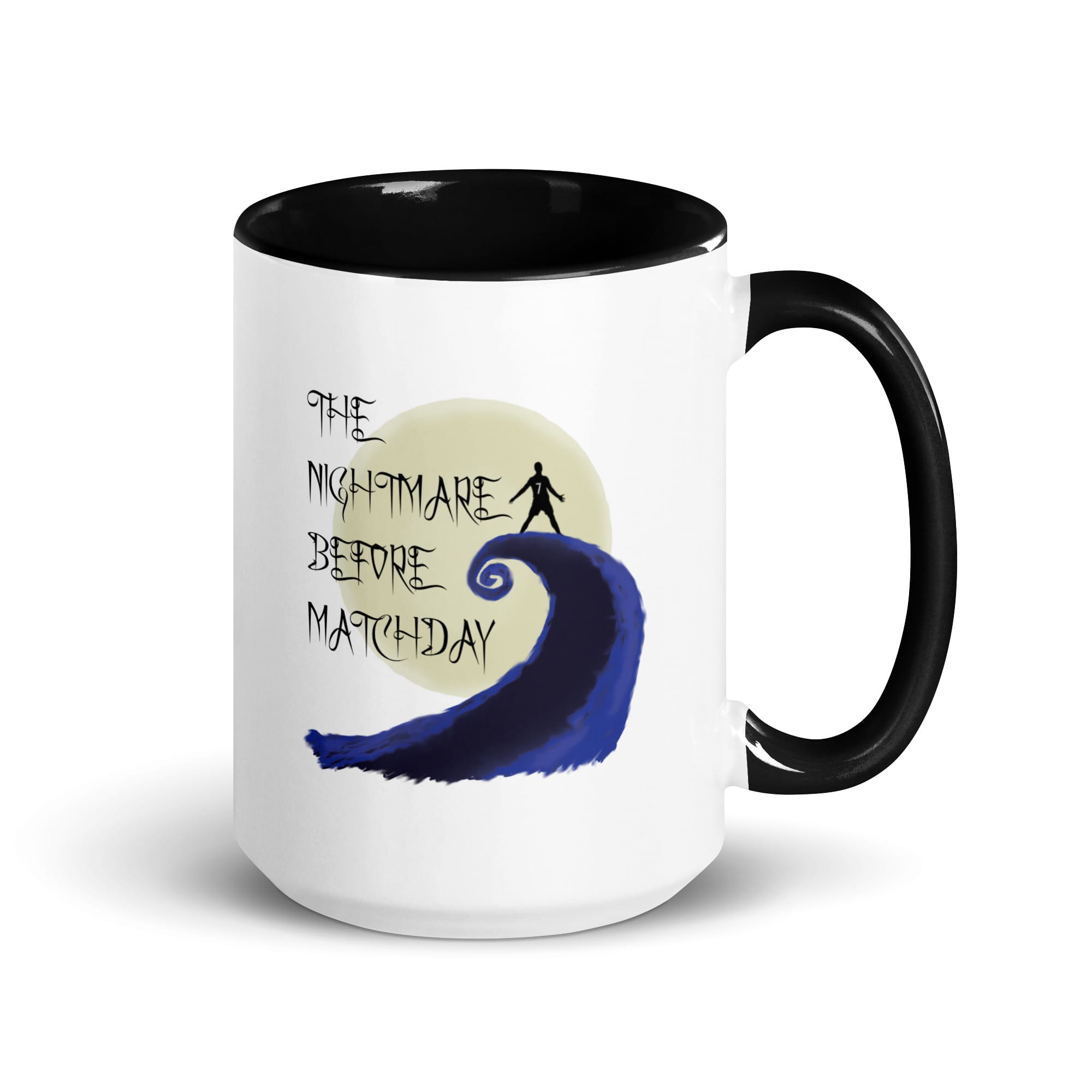 white 15 ounce ceramic mug, black handle/inside, black text 'The Nightmare before Matchday' and Ronaldo siu silhouette
