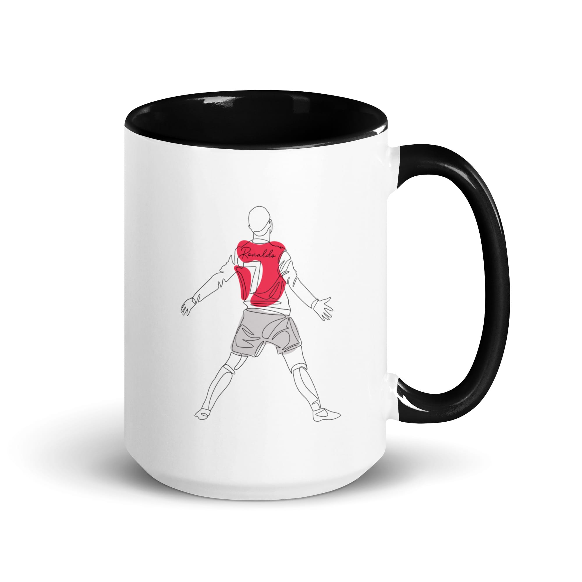 Cristiano Ronaldo mug, 15 ounce, white with black colour inside and handle, Ronaldo siu celebration in Manchester United kit