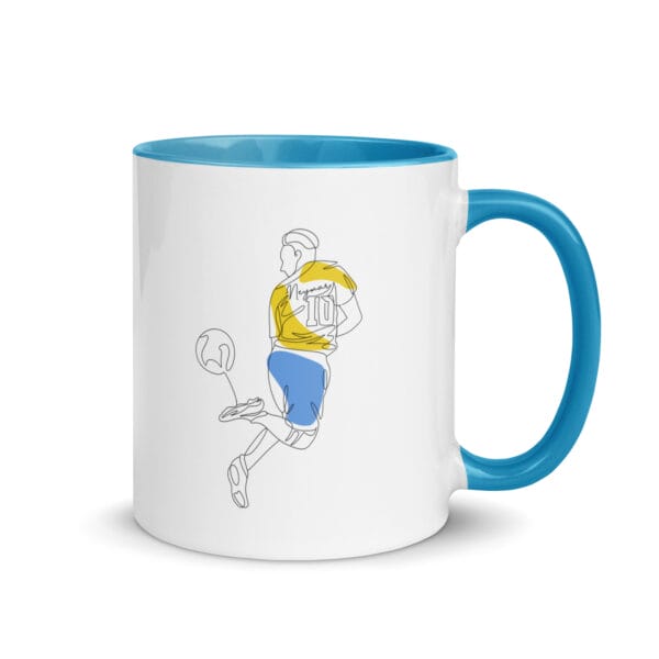 white 11 ounce ceramic mug with line drawing of Neymar rainbow flick in Brazil colours, blue handle and colour inside