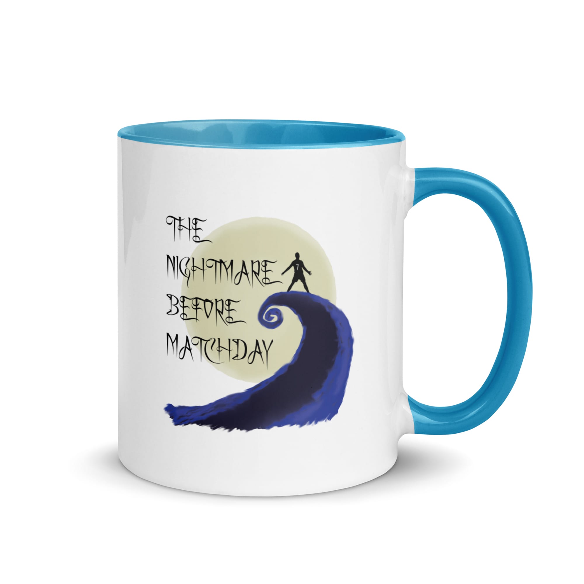 white 11 ounce ceramic Cristiano Ronaldo colour mug, blue handle, black text 'The Nightmare before Matchday' and Ronaldo siu silhouette