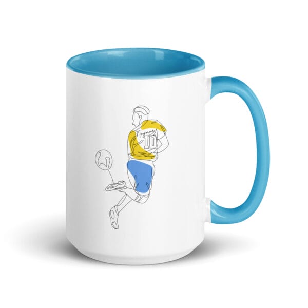 white 15 ounce ceramic mug with line drawing of Neymar rainbow flick in Brazil colours, blue handle and colour inside