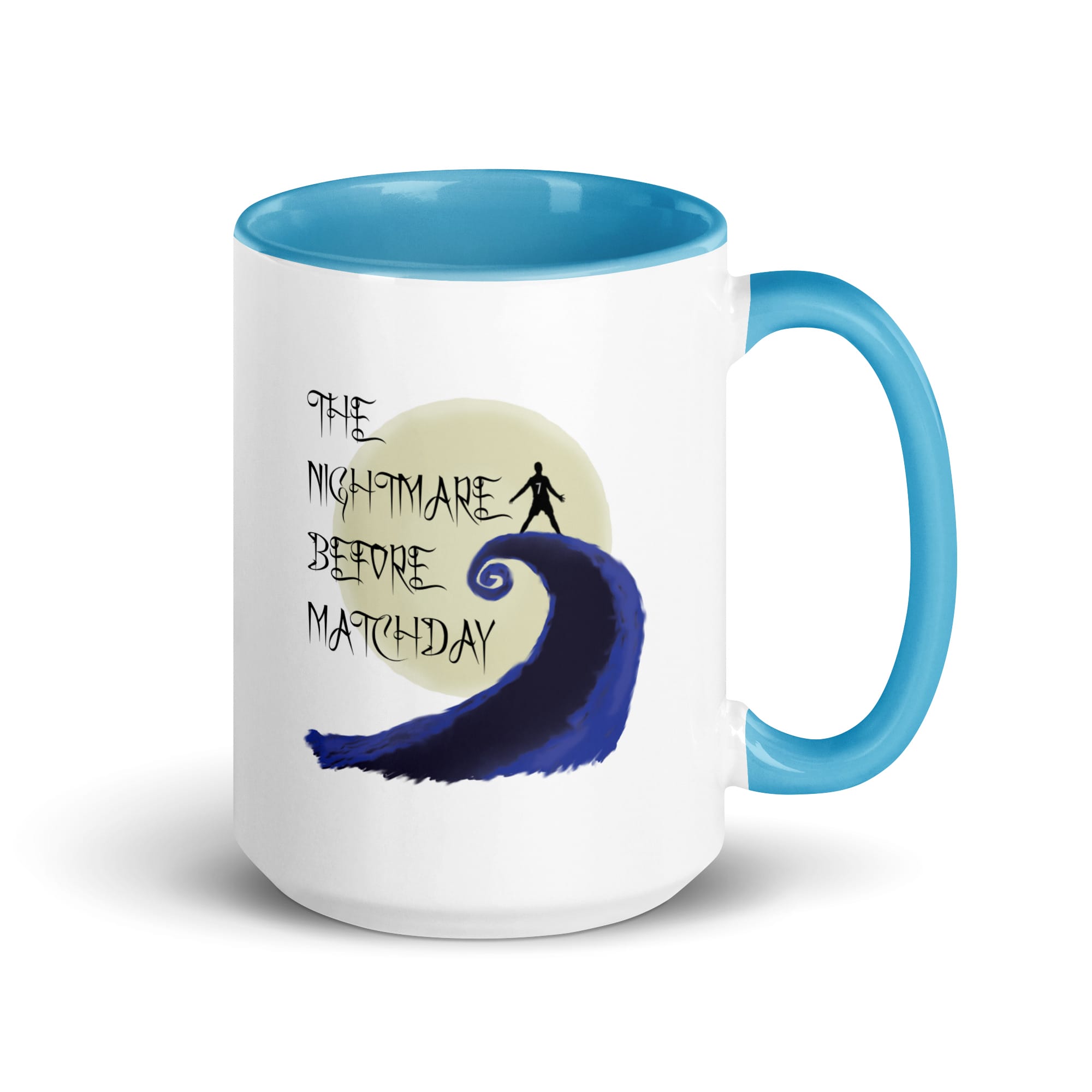 white 15 ounce ceramic Cristiano Ronaldo colour mug, blue handle, black text 'The Nightmare before Matchday' and Ronaldo siu silhouette