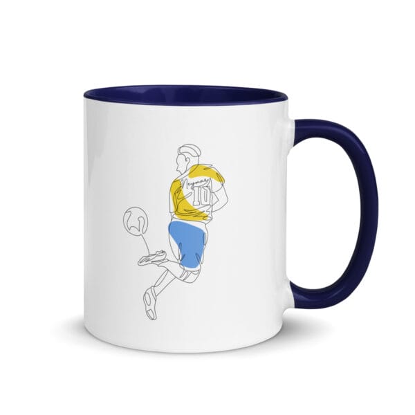 white 11 ounce ceramic mug with line drawing of Neymar rainbow flick in Brazil colours, dark blue handle and colour inside