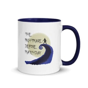 white 11 ounce ceramic mug, dark blue handle/inside, black text 'The Nightmare before Matchday' and Ronaldo siu silhouette
