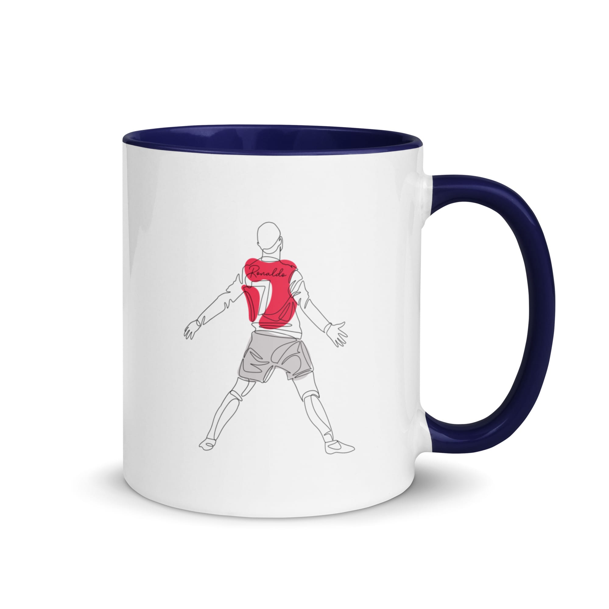 Cristiano Ronaldo mug, 11 ounce, white with dark blue colour inside and handle, Ronaldo siu celebration in Manchester United kit