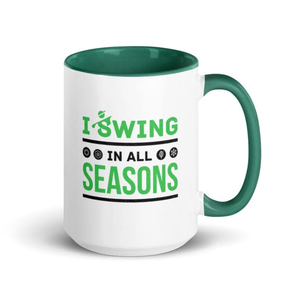 15 ounce golf mug with dark green handle and colour inside, text 'I swing in all seasons' and four seasonal icons