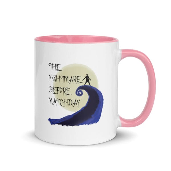 white 11 ounce ceramic Cristiano Ronaldo colour mug, pink handle, black text 'The Nightmare before Matchday' and Ronaldo siu silhouette