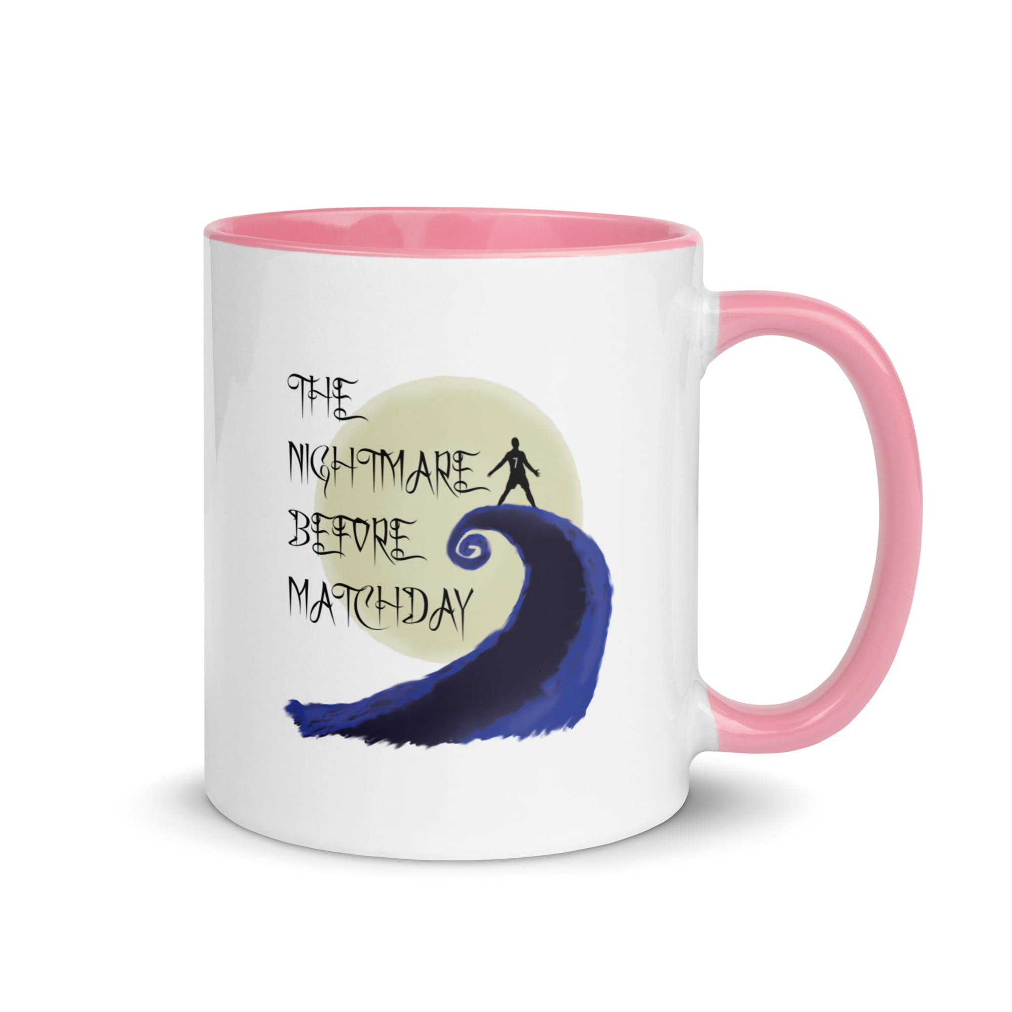 white 11 ounce ceramic Cristiano Ronaldo colour mug, pink handle, black text 'The Nightmare before Matchday' and Ronaldo siu silhouette