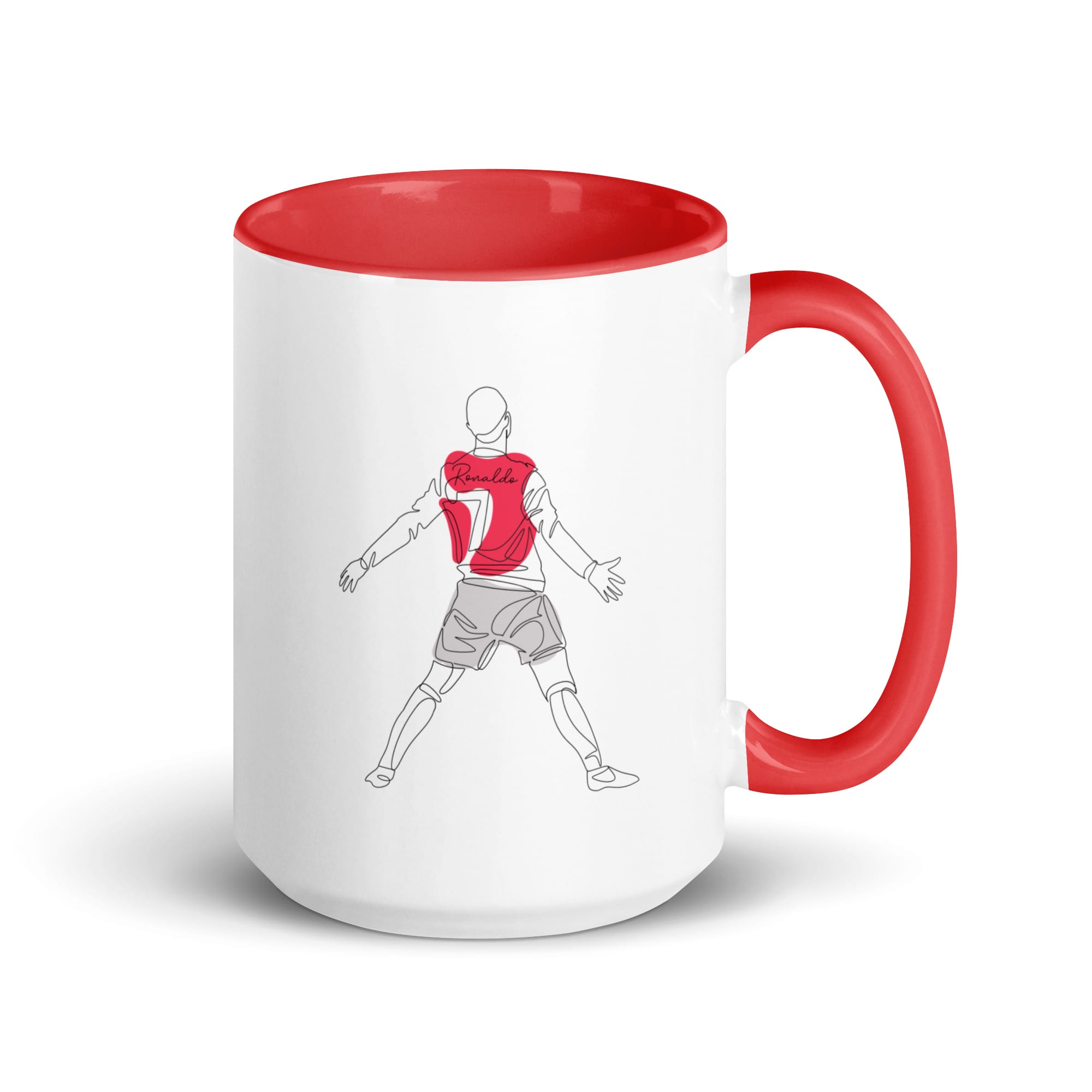 Cristiano Ronaldo mug, 15 ounce, white with red colour inside and handle, Ronaldo siu celebration in Manchester United kit