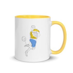 white 11 ounce ceramic mug with line drawing of Neymar rainbow flick in Brazil colours, yellow handle and colour inside