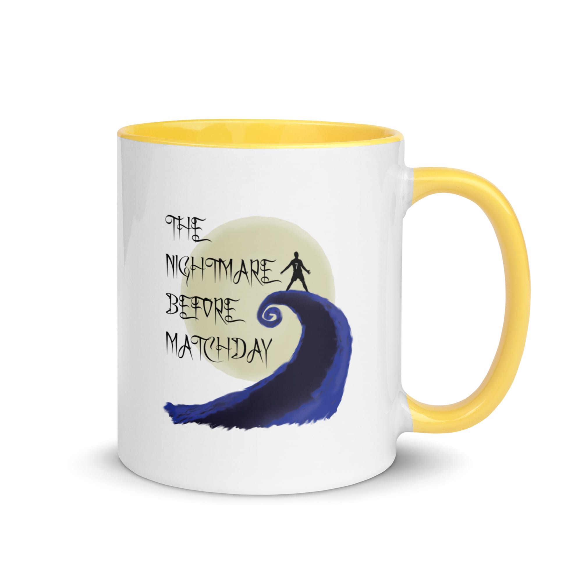 white 11 ounce ceramic Cristiano Ronaldo colour mug, yellow handle, black text 'The Nightmare before Matchday' and Ronaldo siu silhouette
