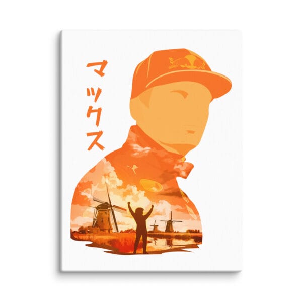 Max Verstappen canvas, 12 by 16 inches with beautiful anime portrait of Verstappen in a mixture of oranges