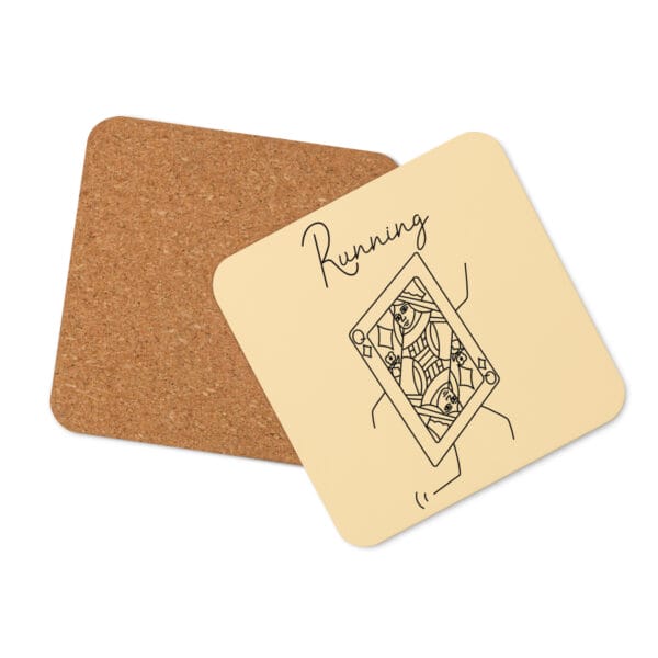 running queen coaster in peach with black text 'running' with a queen playing card running