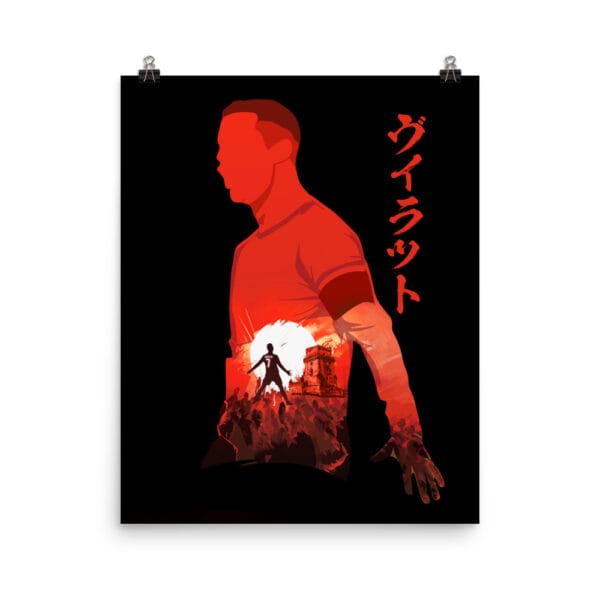 Cristiano Ronaldo poster, matte paper, 16 by 20 inches, black background with Ronaldo in vibrant reds, anime style