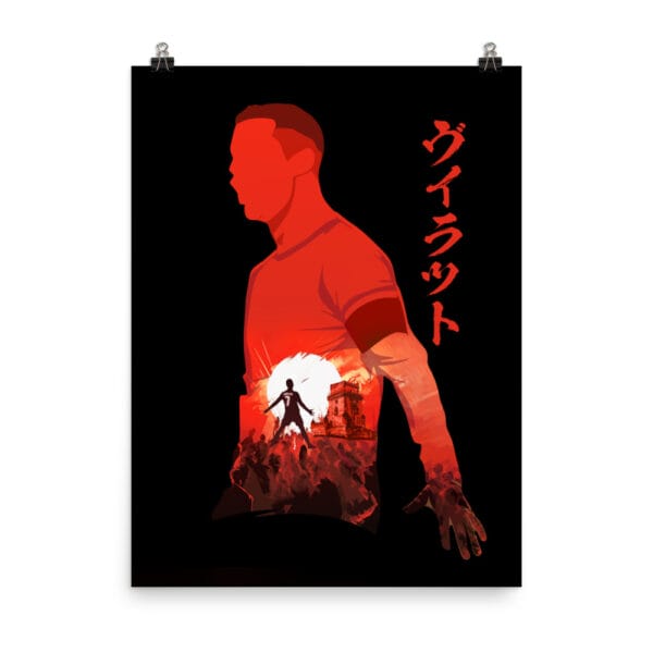 Cristiano Ronaldo poster, matte paper, 18 by 24 inches, black background with Ronaldo in vibrant reds, anime style