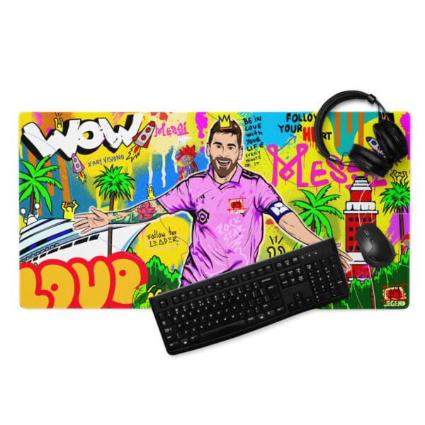 Lionel Messi gaming mouse pad, 36 by 18 inches, with vibrant Miami scene and Messi celebrating in Inter Miami kit