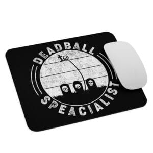 black mouse pad with white text 'Deadball specialist' around image of a skull curling round gravestones, hitting a cross