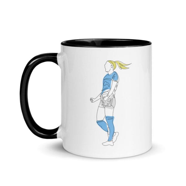 White ceramic 11 ounce mug, black handle and inside, with two line drawings of Chloe Kelly for Manchester City