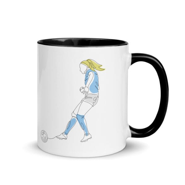 White ceramic 11 ounce mug, black handle and inside, with two line drawings of Chloe Kelly for Manchester City