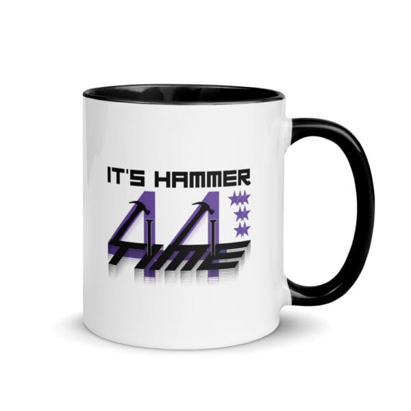 Lewis Hamilton white ceramic 11 ounce mug, with black handle and inside, text It's hammer time' with 7 stars, two hammers and number 44
