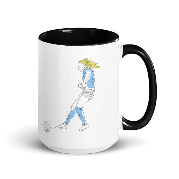 White ceramic 15 ounce mug, black handle and inside, with two line drawings of Chloe Kelly for Manchester City