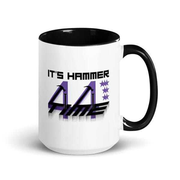 Lewis Hamilton white ceramic 15ounce mug, with black handle and inside, text It's hammer time' with 7 stars, two hammers and number 44