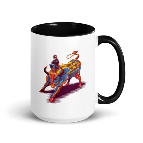 max verstappen white 15 ounce ceramic mug, black handle and colour inside, image of verstappen sitting on a bull numbered 33