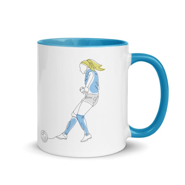 White ceramic 11 ounce mug, blue handle and inside, with two line drawings of Chloe Kelly for Manchester City