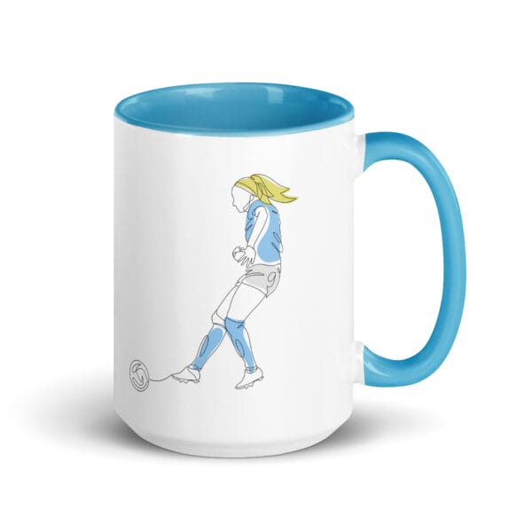 White ceramic 15 ounce mug, blue handle and inside, with two line drawings of Chloe Kelly for Manchester City