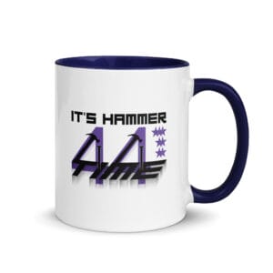 Lewis Hamilton white ceramic 11 ounce mug, with dark blue handle and inside, text It's hammer time' with 7 stars, two hammers and number 44