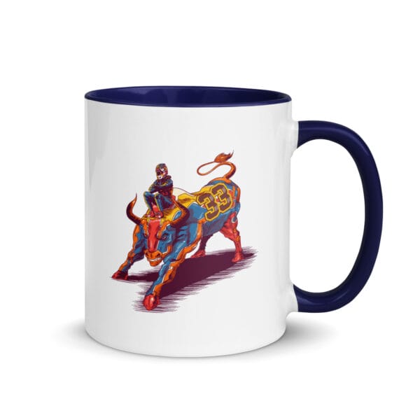 max verstappen white 11 ounce ceramic mug, dark blue handle and colour inside, image of verstappen sitting on a bull numbered 33