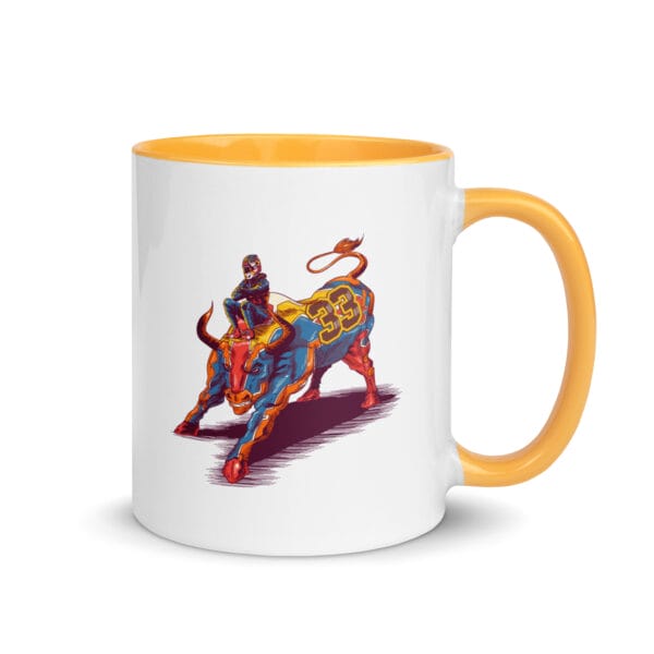 max verstappen white 11 ounce ceramic mug, golden yellow handle and colour inside, image of verstappen sitting on a bull numbered 33