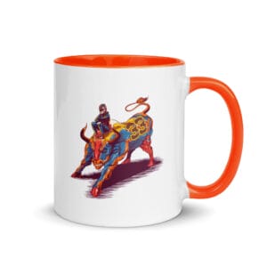 max verstappen white 11 ounce ceramic mug, orange handle and colour inside, image of verstappen sitting on a bull numbered 33