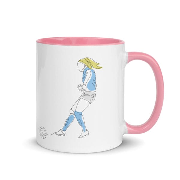 White ceramic 11 ounce mug, pink handle and inside, with two line drawings of Chloe Kelly for Manchester City