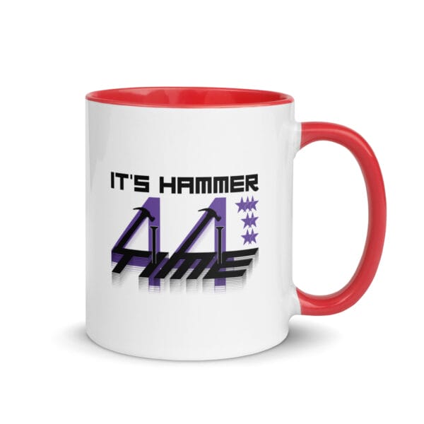 Lewis Hamilton white ceramic 11 ounce mug, with red handle and inside, text It's hammer time' with 7 stars, two hammers and number 44