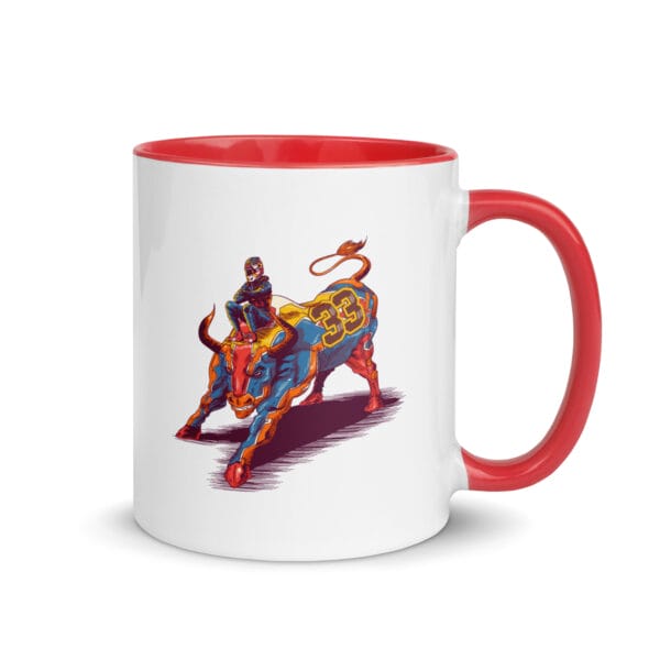 max verstappen white 11 ounce ceramic mug, red handle and colour inside, image of verstappen sitting on a bull numbered 33