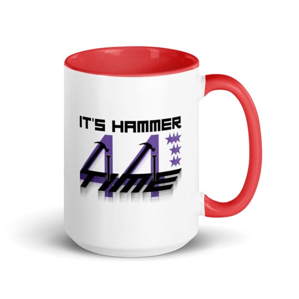 Lewis Hamilton white ceramic 15 ounce mug, with red handle and inside, text It's hammer time' with 7 stars, two hammers and number 44