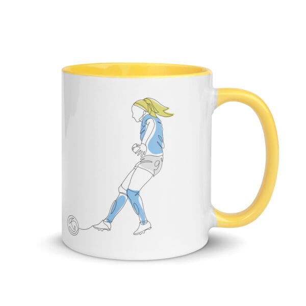 White ceramic 11 ounce mug, yellow handle and inside, with two line drawings of Chloe Kelly for Manchester City
