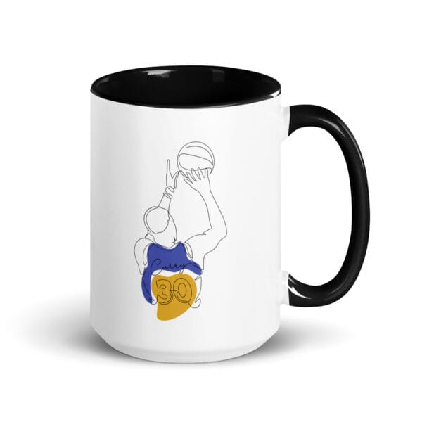 white ceramic Steph Curry 15 ounce mug with black handle, line drawing of curry shooting (twice)