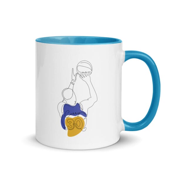 white ceramic Steph Curry 11 ounce mug with blue handle, line drawing of curry shooting (twice)